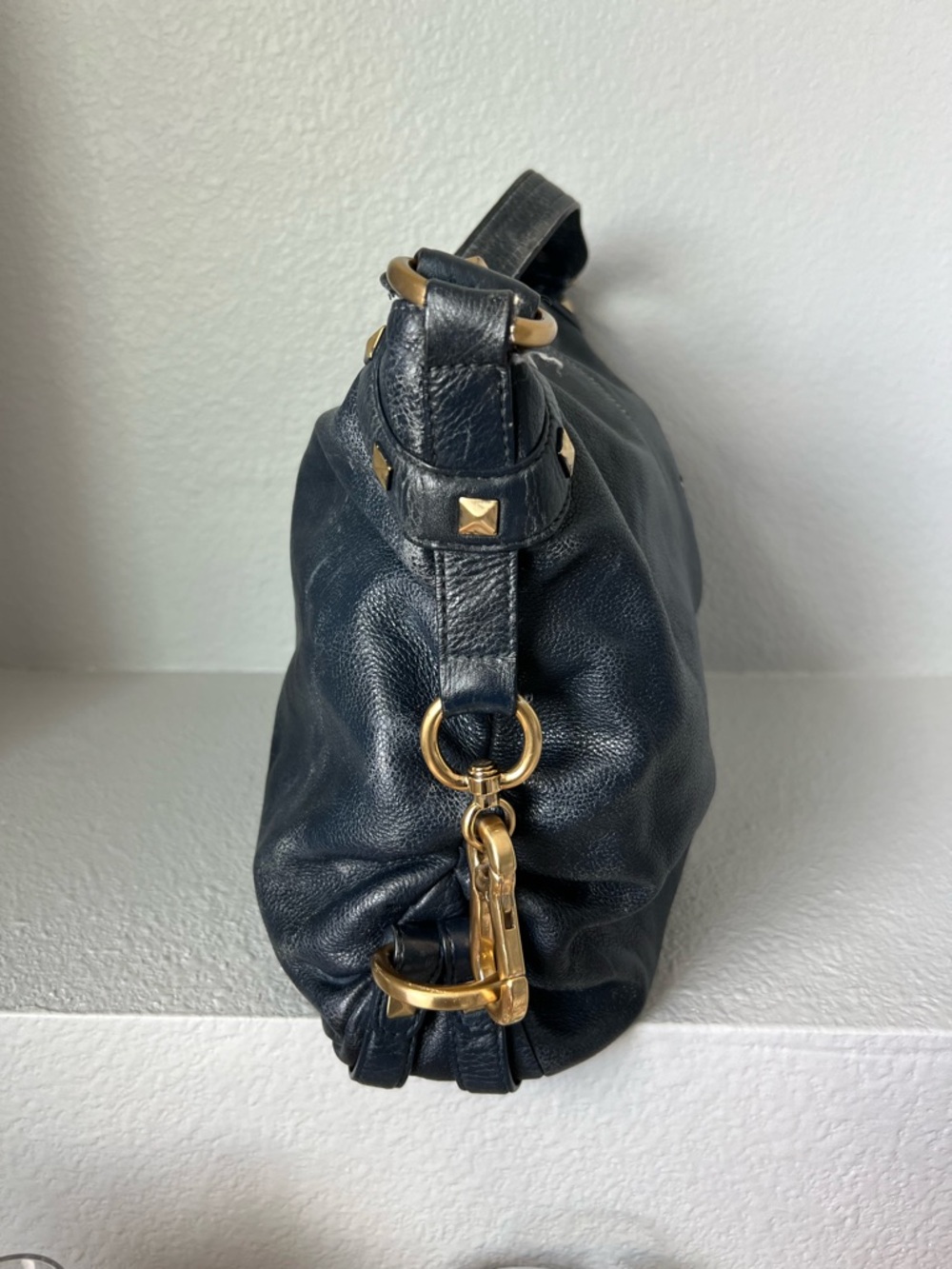 b. makowsky Navy Leather Shoulder Bag with Gold Hardware Accents - Picture 2 of 5